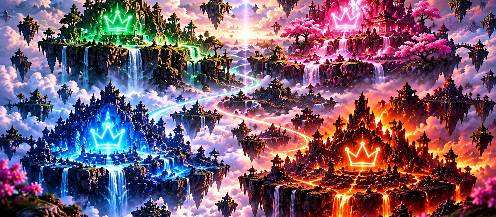 Four floating realms connected by glowing energy paths