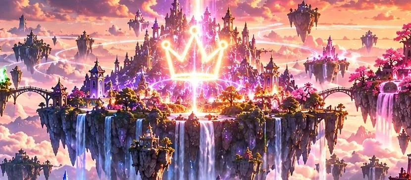 A crowned crystal citadel rising above floating islands and waterfalls