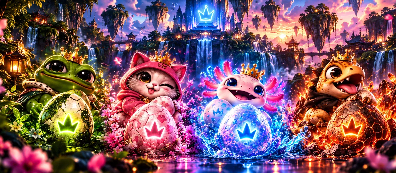 Mother Pepe, Mother Cat, Mother Axo and Mother Dino side by side