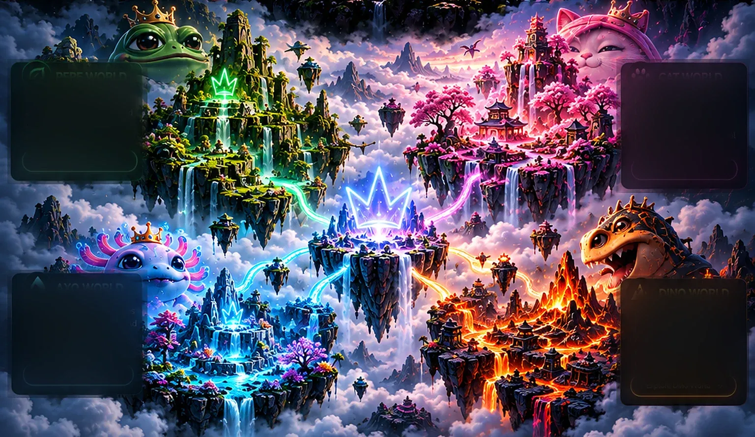 Map of the four Mother worlds: forest, cherry islands, crystal waters and volcanic lands around a glowing crown